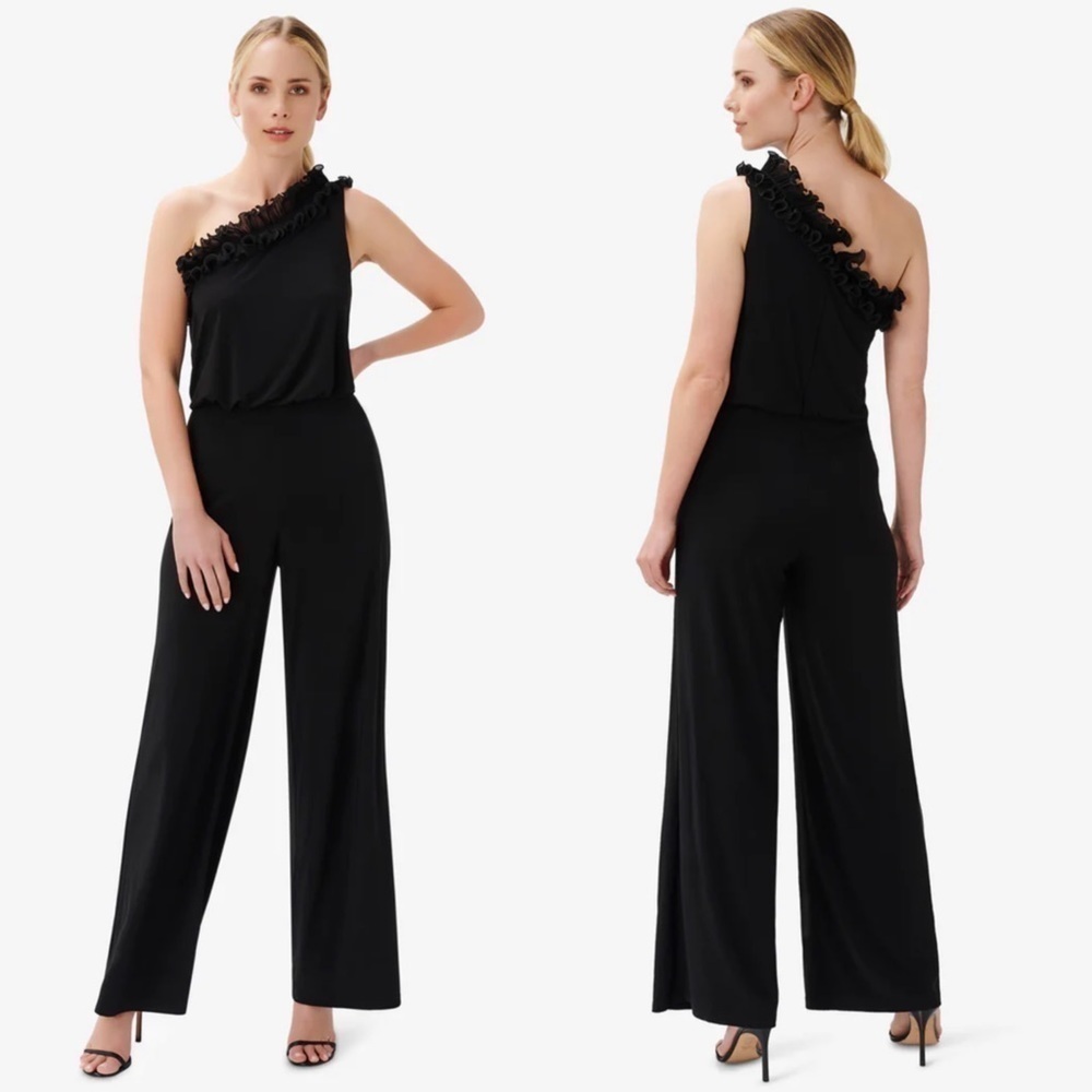 ADRIANNA PAPELL RUFFLE ONE SHOULDER BLOUSON WIDE LEG BLACK JERSEY JUMPSUIT
